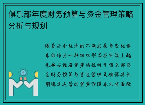 俱乐部年度财务预算与资金管理策略分析与规划