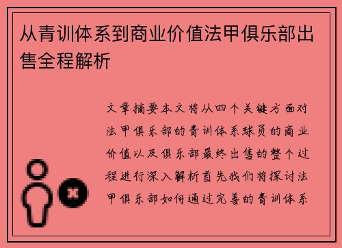 从青训体系到商业价值法甲俱乐部出售全程解析