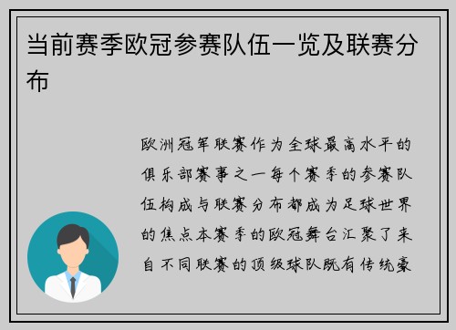 当前赛季欧冠参赛队伍一览及联赛分布